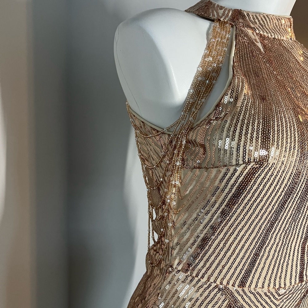 Gold Sequin Halter Gown Small Beaded Art Deco Formal Evening Dress Prom Military - Picture 5 of 6